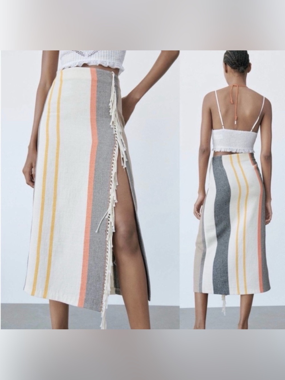Zara Striped Fringe Wrap Midi Maxi Skirt Cream Orange Yellow Boho Size M - Picture 2 of 6